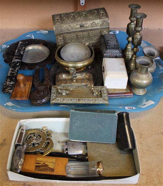 Misc items including brass stationery box, candlesticks and other items